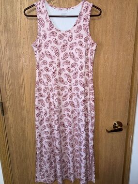 Lands' End Pink Sleeveless Midi Cotton Dress with Maroon Paisley Print